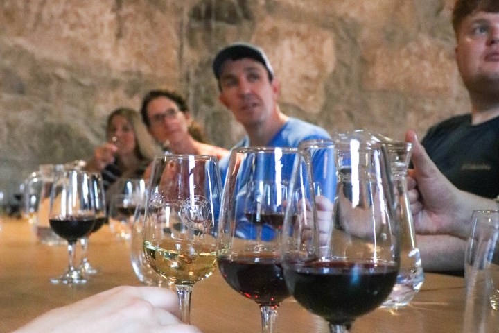 People seated at a table with multiple wine glasses in foreground.