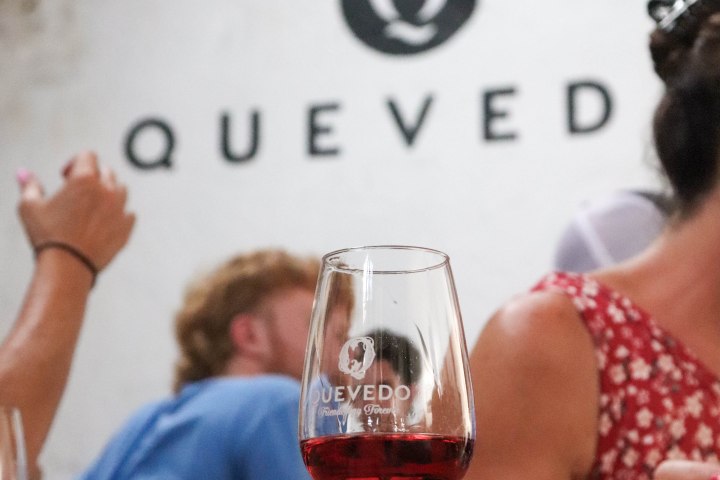 People holding glasses of red wine at Quevedo winery.