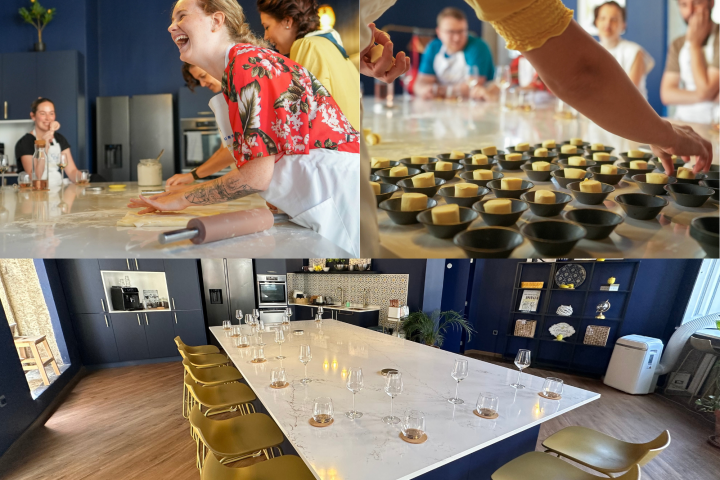 People enjoying a cooking class in a modern kitchen and placing ingredients in small bowls.